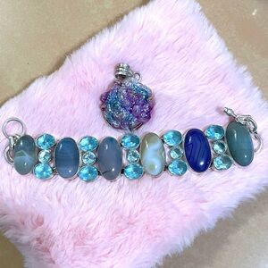 Botswana Agate Gem Blue Topaz Silver Bracelet Pendant Necklace